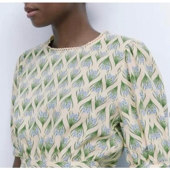 Zara Open Back Crop Top Small Floral Puff Sleeves Cottage Boho Preppy Vacation - Picture 7 of 15